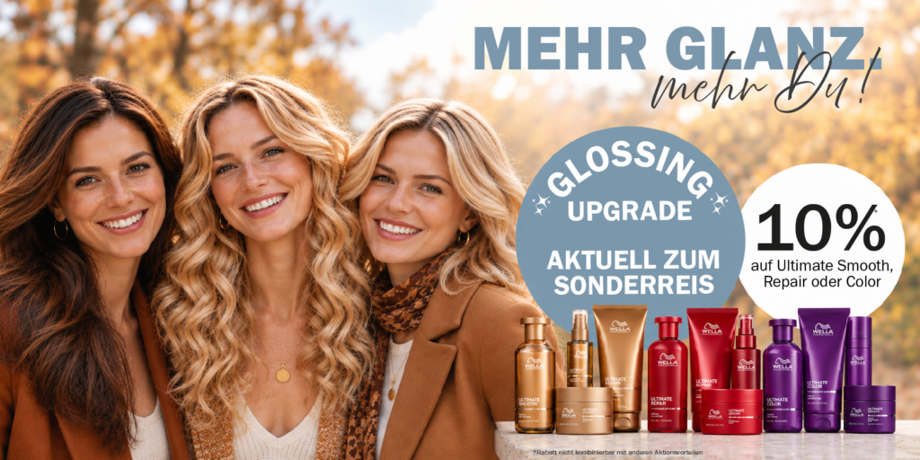 Drei Frauen mit glänzendem braunem und blondem Haar zur KLINCK Aktion „Mehr Glanz. Mehr Du!“ mit Glossing Upgrade und 10 % Rabatt auf ausgewählte Haarpflegeprodukte
