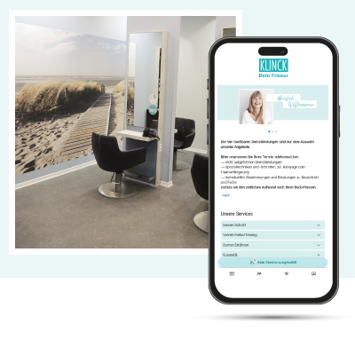 Online-Terminbuchung bei KLINCK Dein Friseur: Moderner Friseursalon mit Stylingplätzen und Smartphone-Ansicht der Online-Buchung für Haarschnitt, Haarfarbe, Tönung, Strähnen und weitere Friseurdienstleistungen.